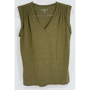 LOFT Womens Olive Smocked Shoulder Sleeveless V-Neck Knit Top Heathered Sz XS